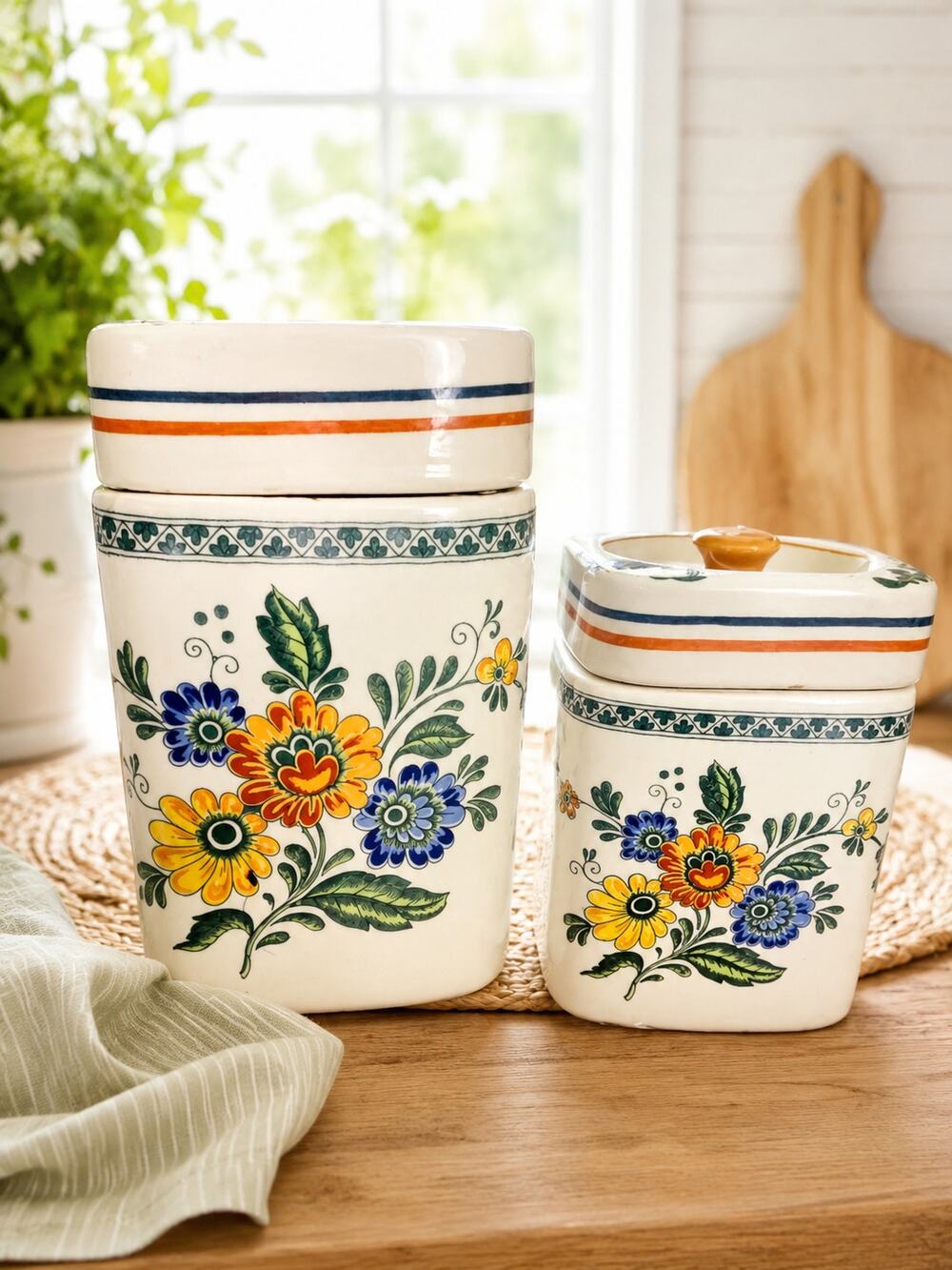 Vintage Daeware Korea Floral Canister Set 2 Square Ceramic Kitchen Jars
